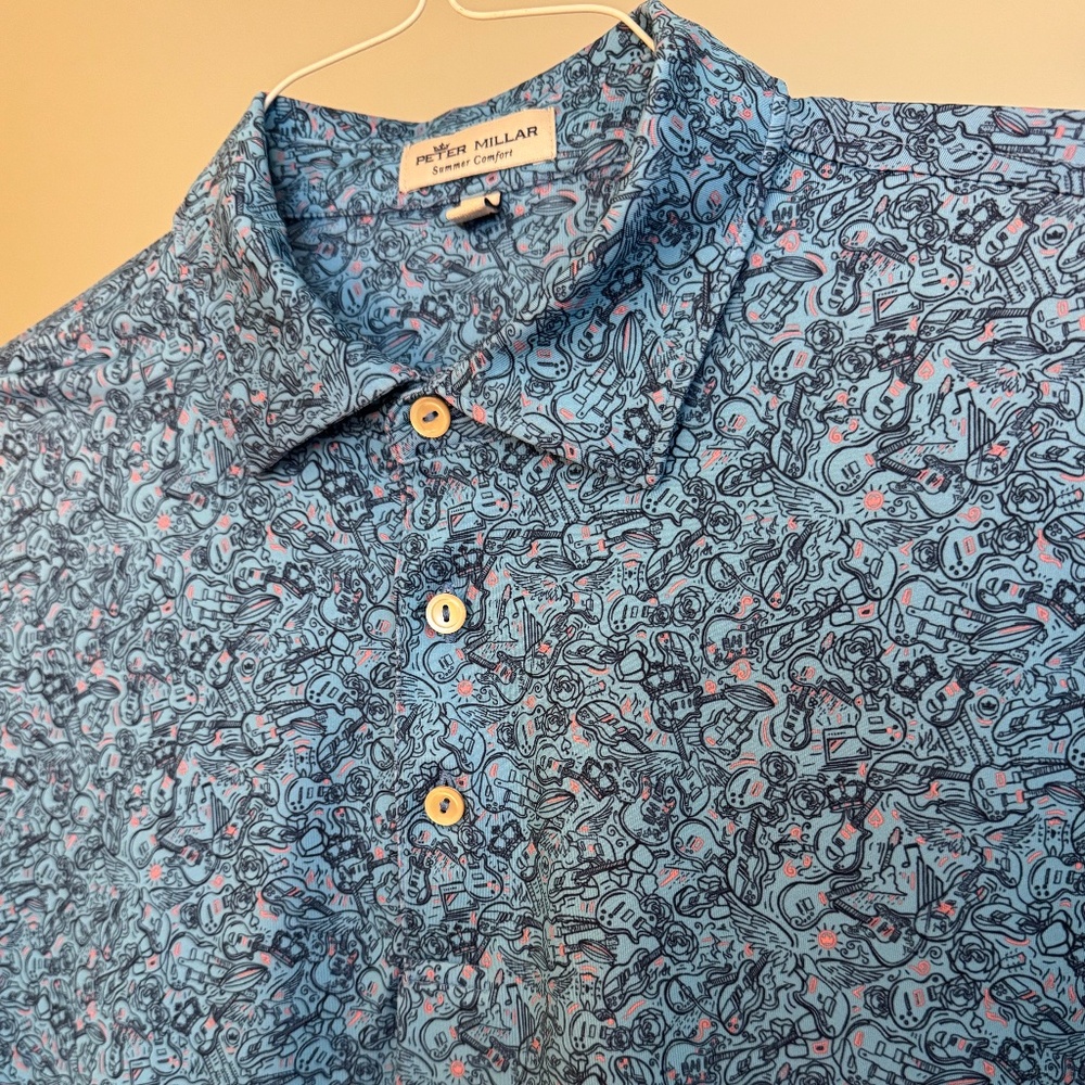 Peter Millar Summer Comfort Golf Polo Blue Guitar Print size Medium UPF 50+